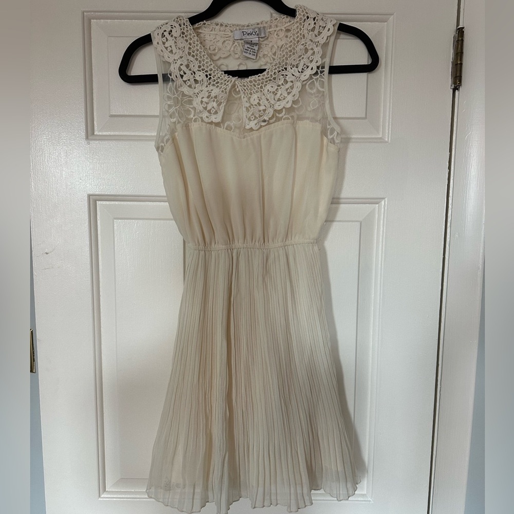 White Pleated Dress w/ Lace Trim